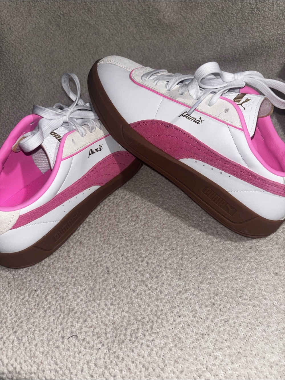 Puma White and Pink Low-Top Athletic Sneakers with Brown Gum Sole